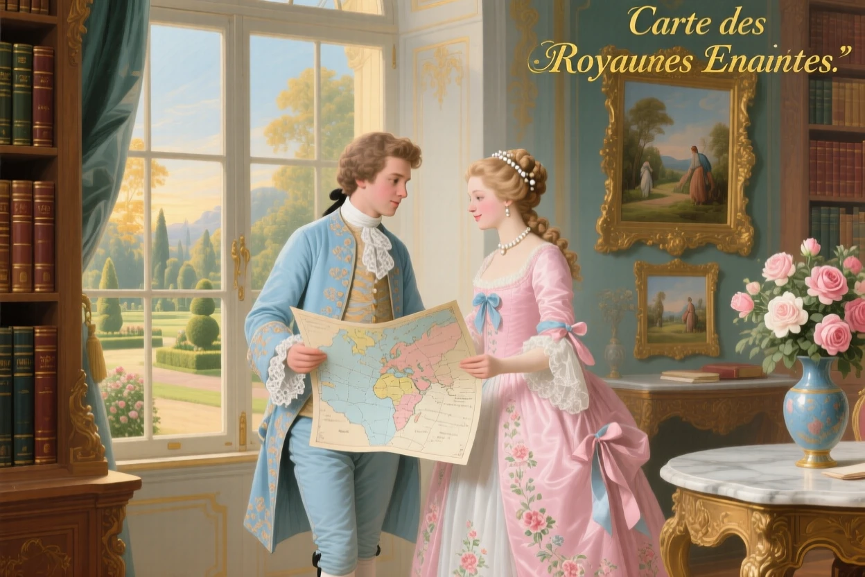 A prince and princess looking at a map beside a palace library window  