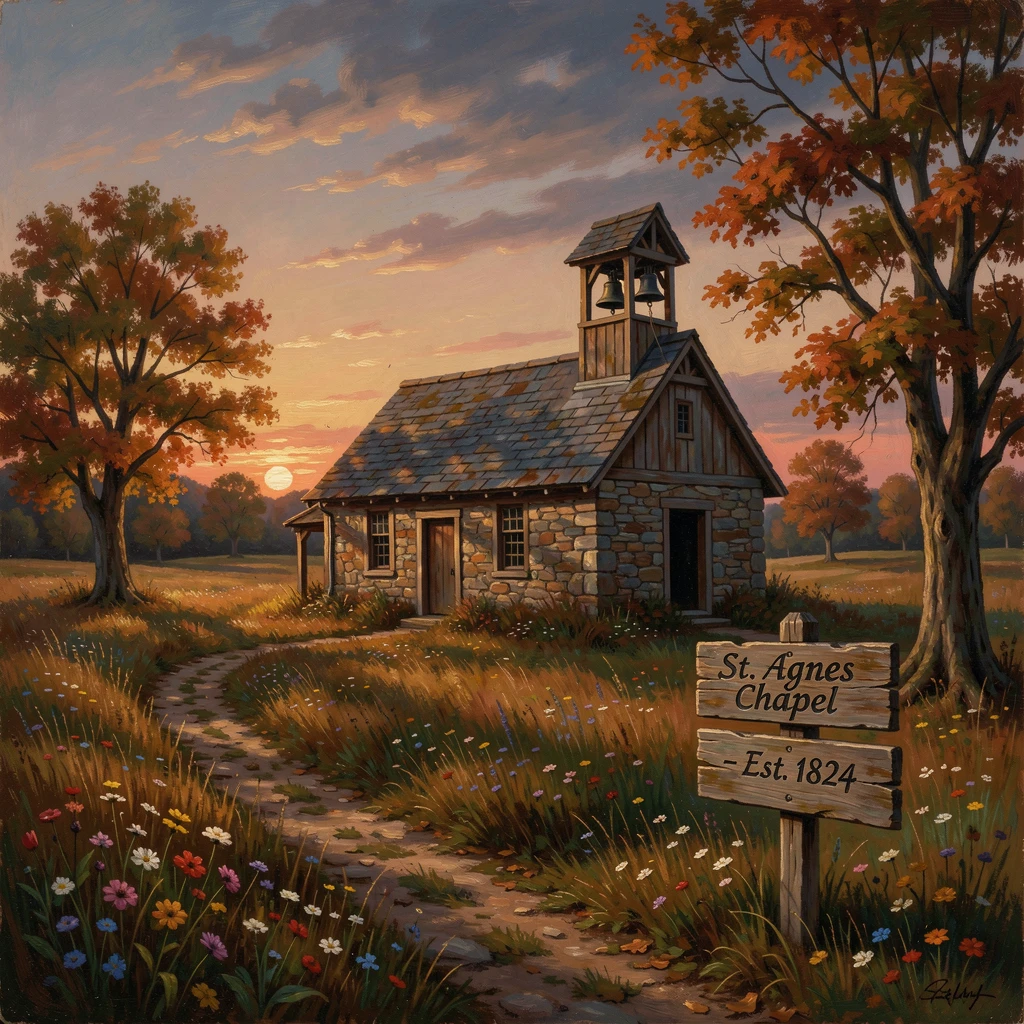 A rural chapel bell rings across quiet fields at dusk.
