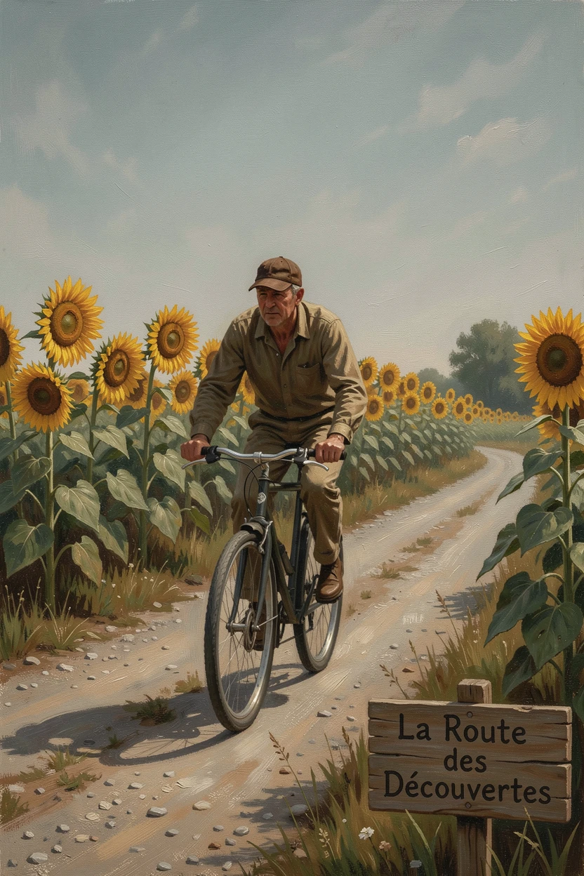 A cyclist riding along a scenic countryside road lined with sunflowers, as the thrill of discovery radiates through the entire composition, offering a vivid, awe-inspiring window into a far-off adventure