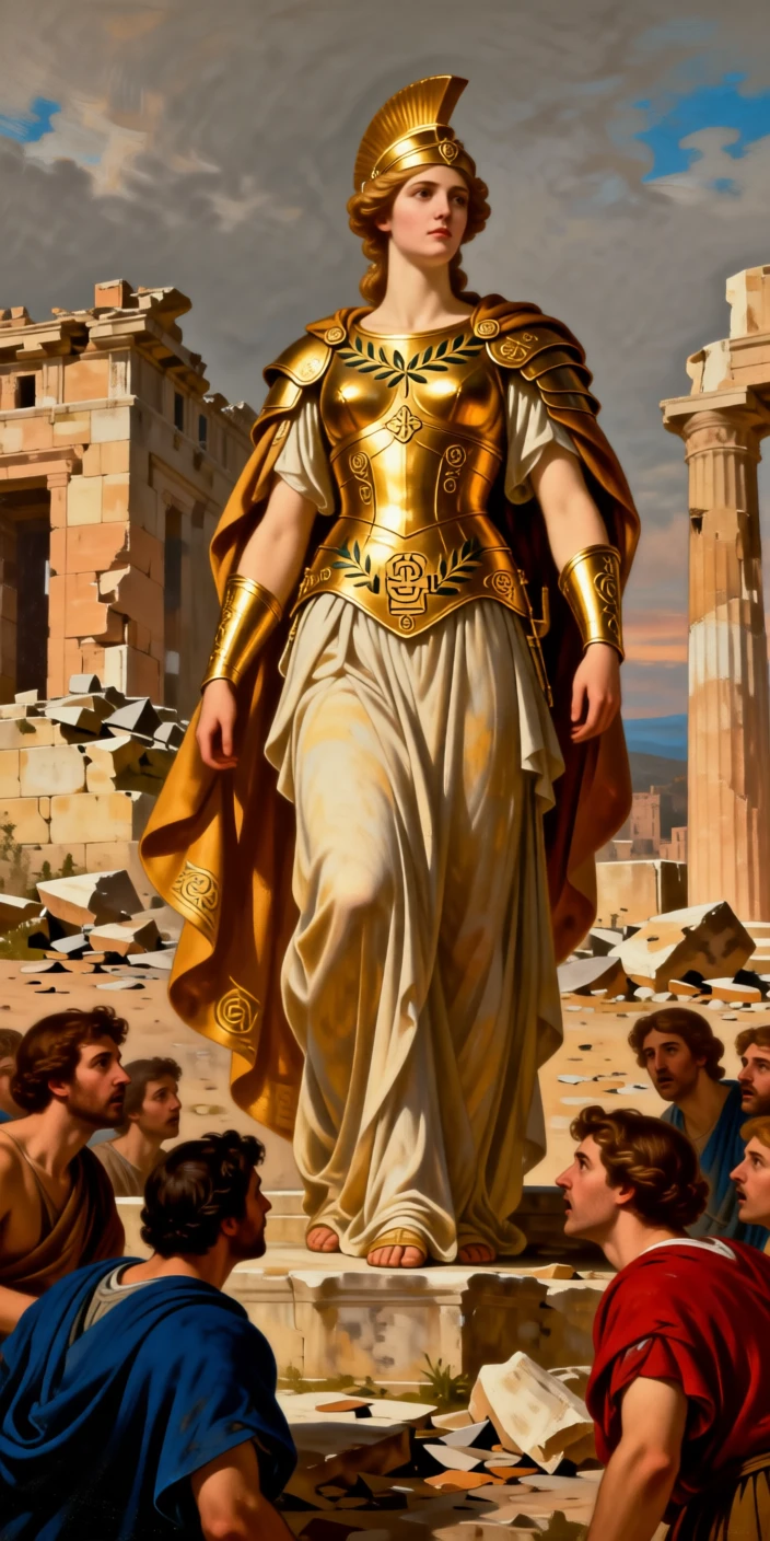 The goddess Athena descending from Olympus in radiant armor while onlookers lean forward in astonishment, set amid the ruins of a fallen citadel, with gilded armor catching the light and rich fabrics billowing in the wind; a low vantage point emphasizes the towering scale of the moment, charged with heroic resolve and quiet foreboding.