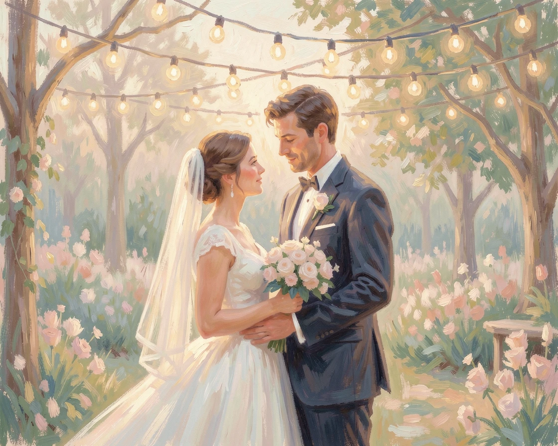 A bride and groom sharing a quiet moment beneath a canopy of string lights at their reception, filled with a cozy, comforting atmosphere.