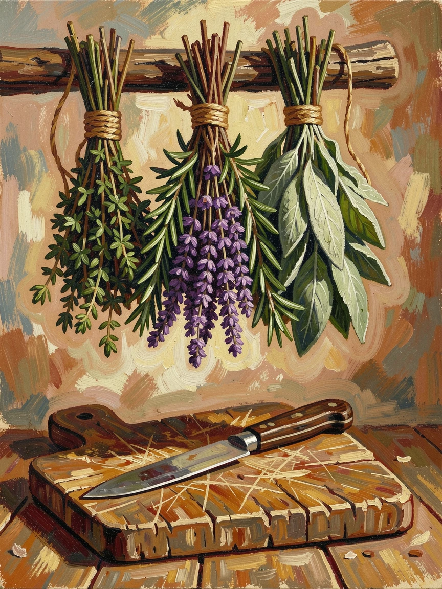 A collection of dried herbs hanging above a rustic wooden cutting board and knife.