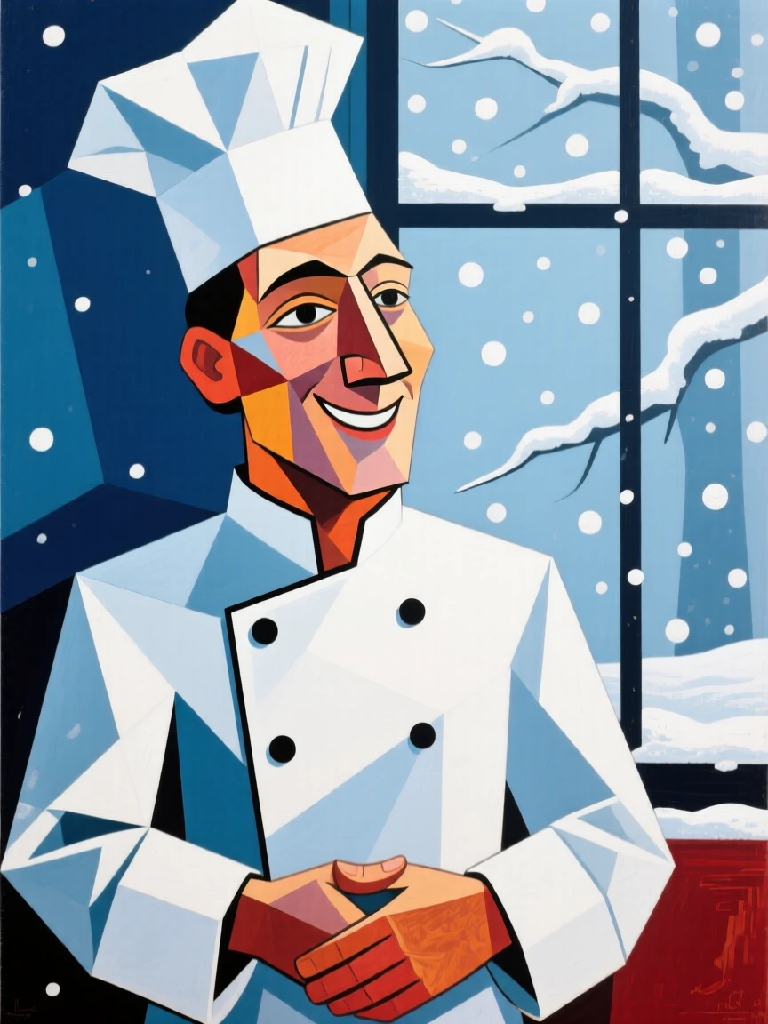A candid medium shot of a chef smiling gently while snow falls softly outside the window.