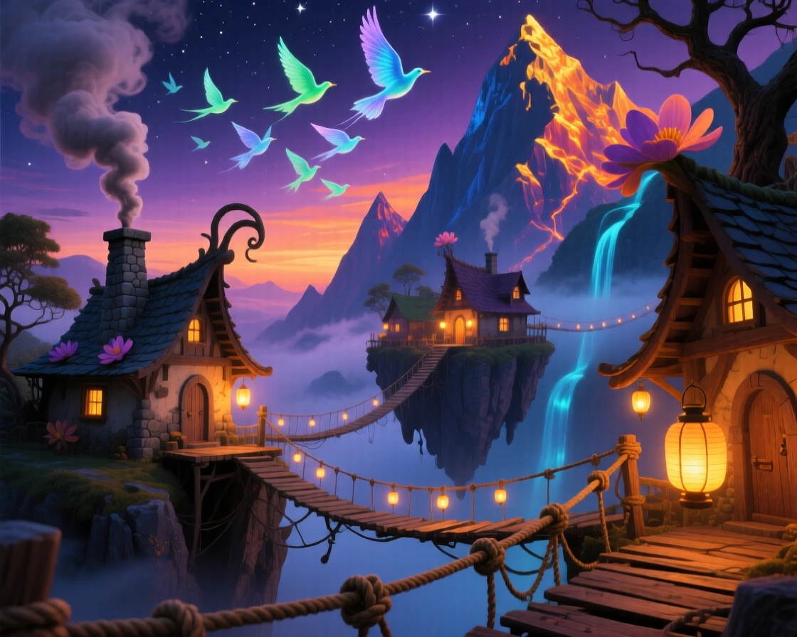 A mountain village connected entirely by rope bridges and lanterns feels warm, familiar, and just slightly impossible, while smoke curls gently from a chimney into shapes of birds.