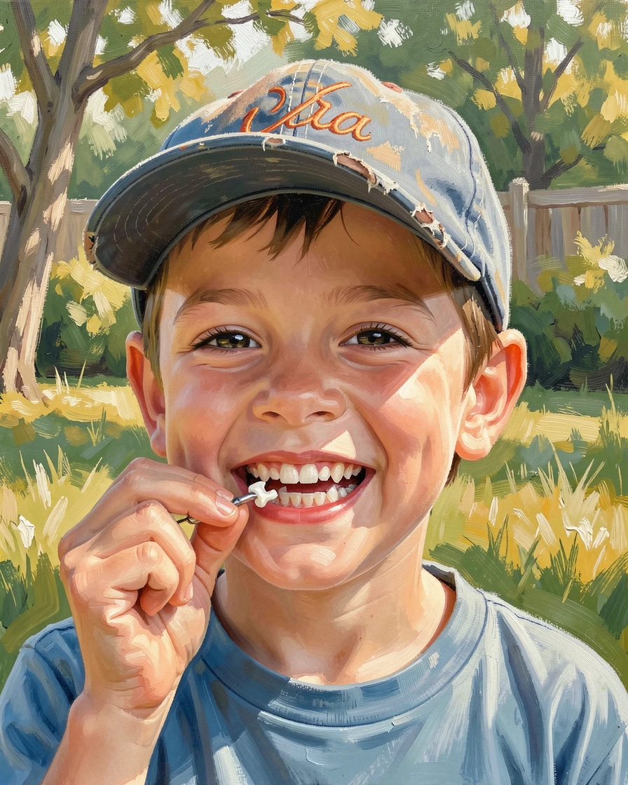 A young boy proudly shows off a wiggly loose tooth, gap-toothed grin beaming beneath a baseball cap in a sunny backyard, soft ambient light gently shaping the contours of their face and surroundings.