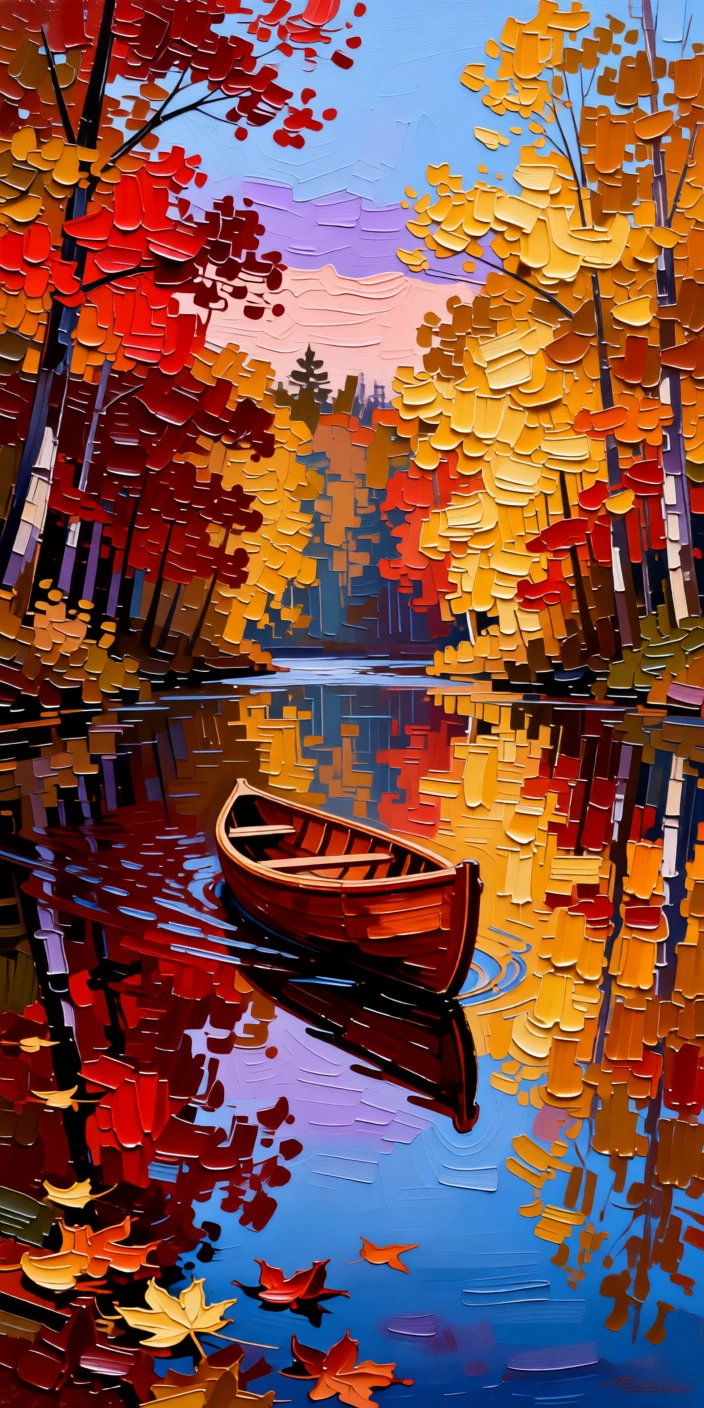 A canoe gliding through a mirror-calm river lined with autumn trees