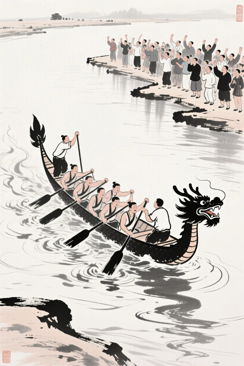 Rowers paddle a dragon boat swiftly down a wide river as crowds cheer from the banks, as the crowd's cheers echo along the riverbank.