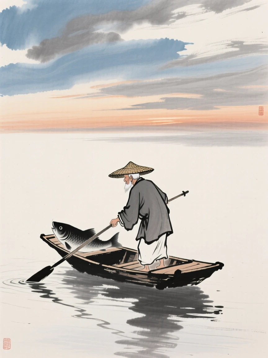 An elderly fisherman guiding his small boat home at dusk, evoking a sense of quiet solitude, under a sky streaked with clouds, under drifting clouds.
