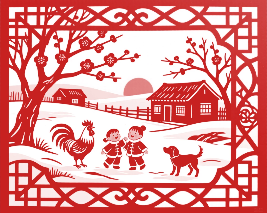 A Winter scene of a quiet farmyard at day's end, children playing in the crisp open air.