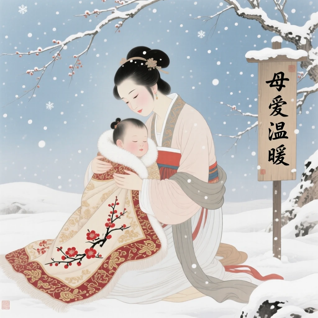A mother wrapping her child in a warm blanket during a snowfall