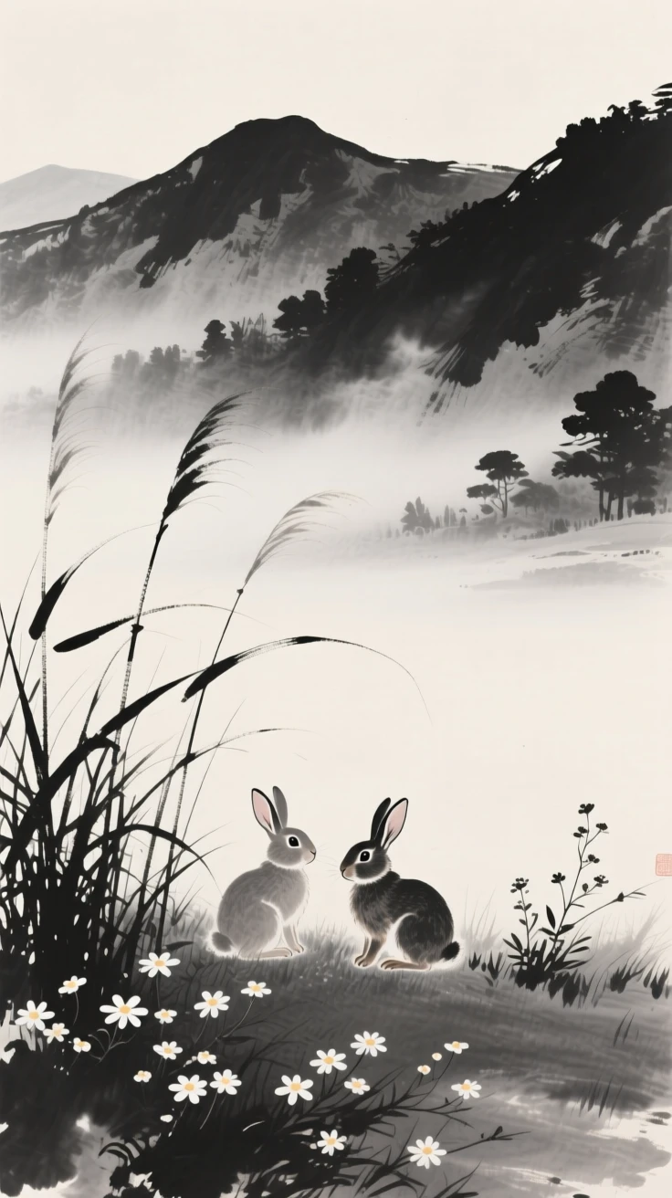 A pair of rabbits watching quietly from behind a stand of reeds among wildflowers on a mountain meadow, viewed through a gentle veil of morning mist, capturing a fleeting, tender moment of wild life.
