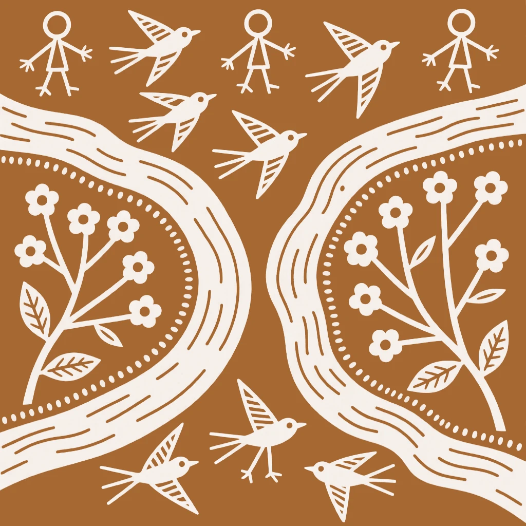 A composition centered on a river confluence point encircled by birds and blooming branches.