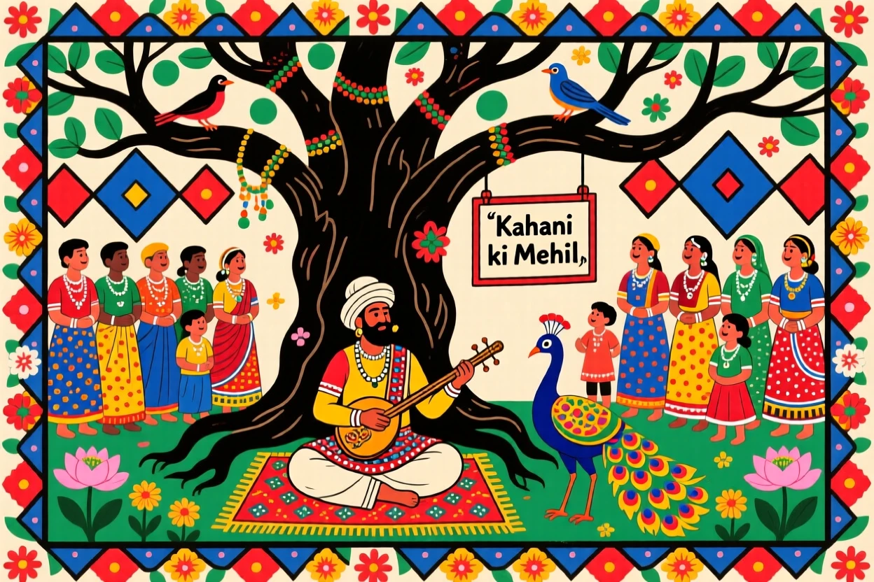 A traveling storyteller entertaining a crowd beneath an ancient tree.