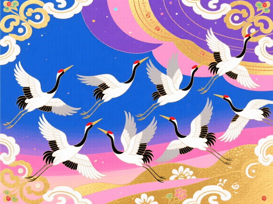 A celestial procession of cranes flying through a sky painted in shifting colors.