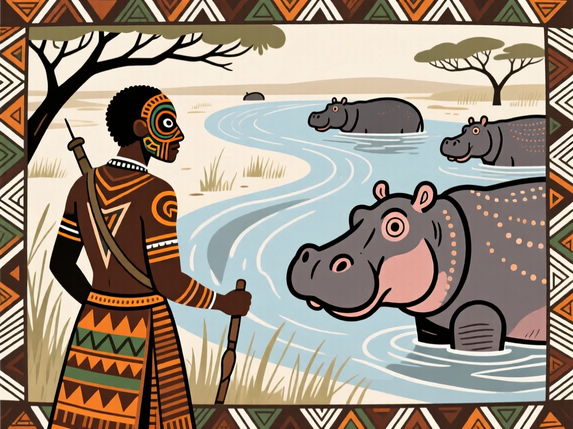 A wildlife tracker pausing to watch a river full of hippos.