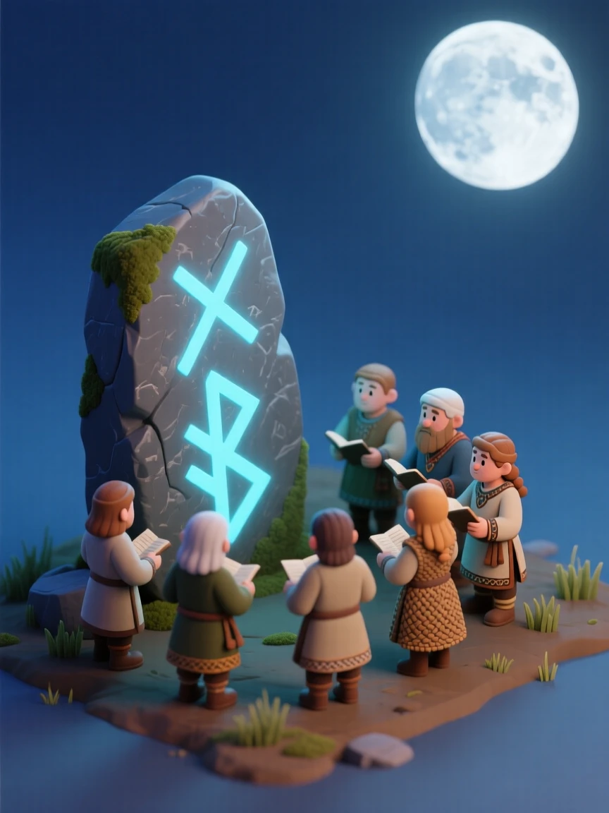 An ancient Nordic rune stone gathering with villagers reading carved symbols under the light of a full moon.