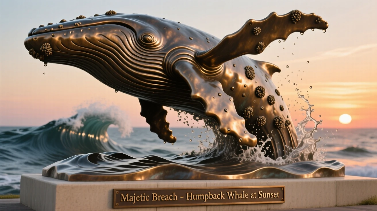 A majestic humpback whale breaching at sunset, captured mid-motion with powerful grace, evoking wonder and majesty