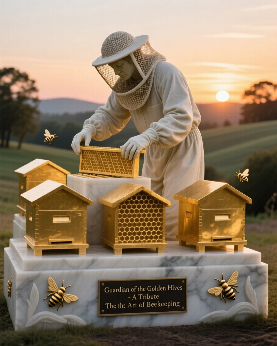A beautifully composed image of a beekeeper tending golden hives at sunset, surrounded by soft, glowing light, full of atmosphere and visual storytelling
