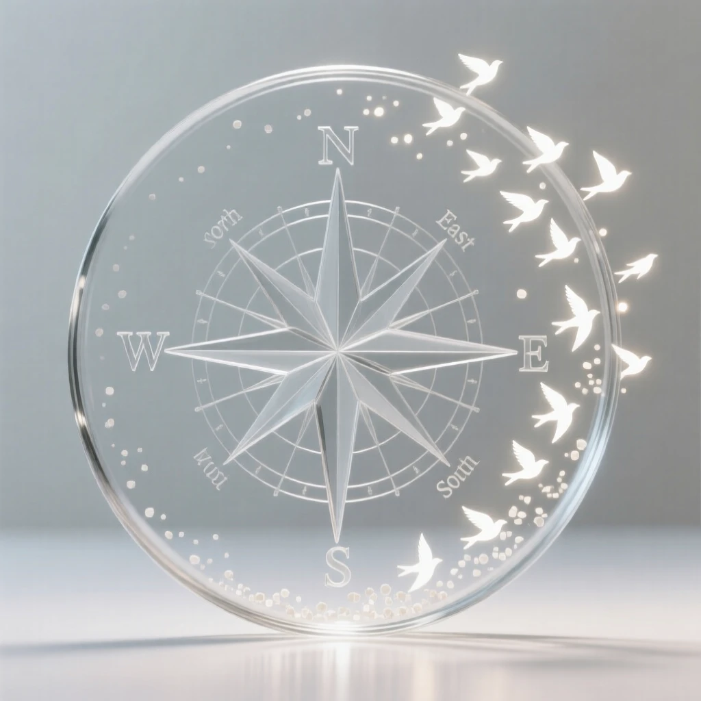 A compass rose surrounded by a ring of migrating birds as tiny particles of light rise slowly upward, while a quiet stillness surrounds the entire scene