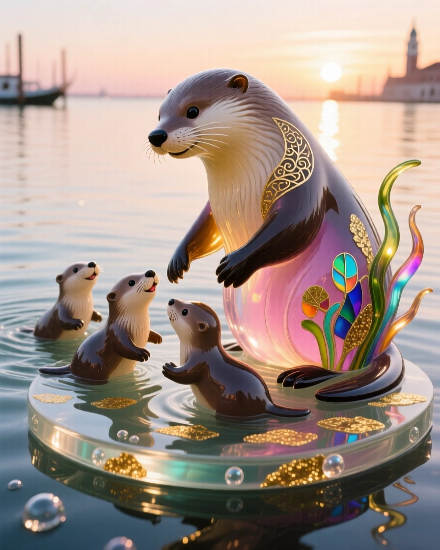 A mother otter teaching her pups to swim through the calmest sunlit shallows at dawn, tender and joyful.
