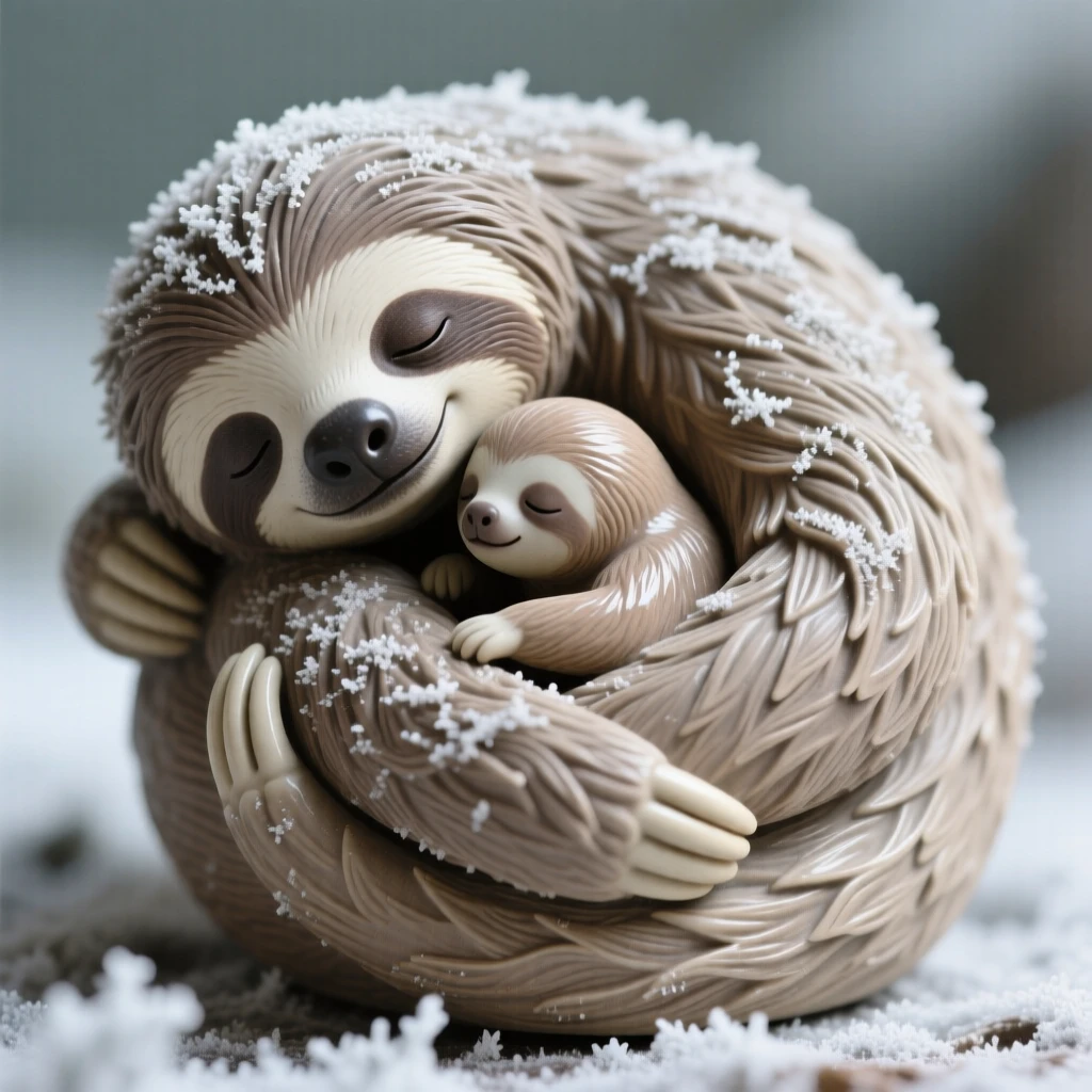 A napping sloth curled protectively around its young, its coat dusted with a light frost, offering a serene glimpse into nature's stillness.