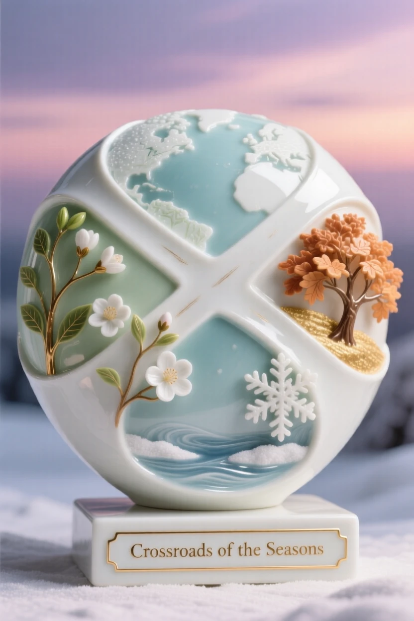 An imaginative vision of a world where seasons meet at a single crossroads, glowing softly against a twilight sky.