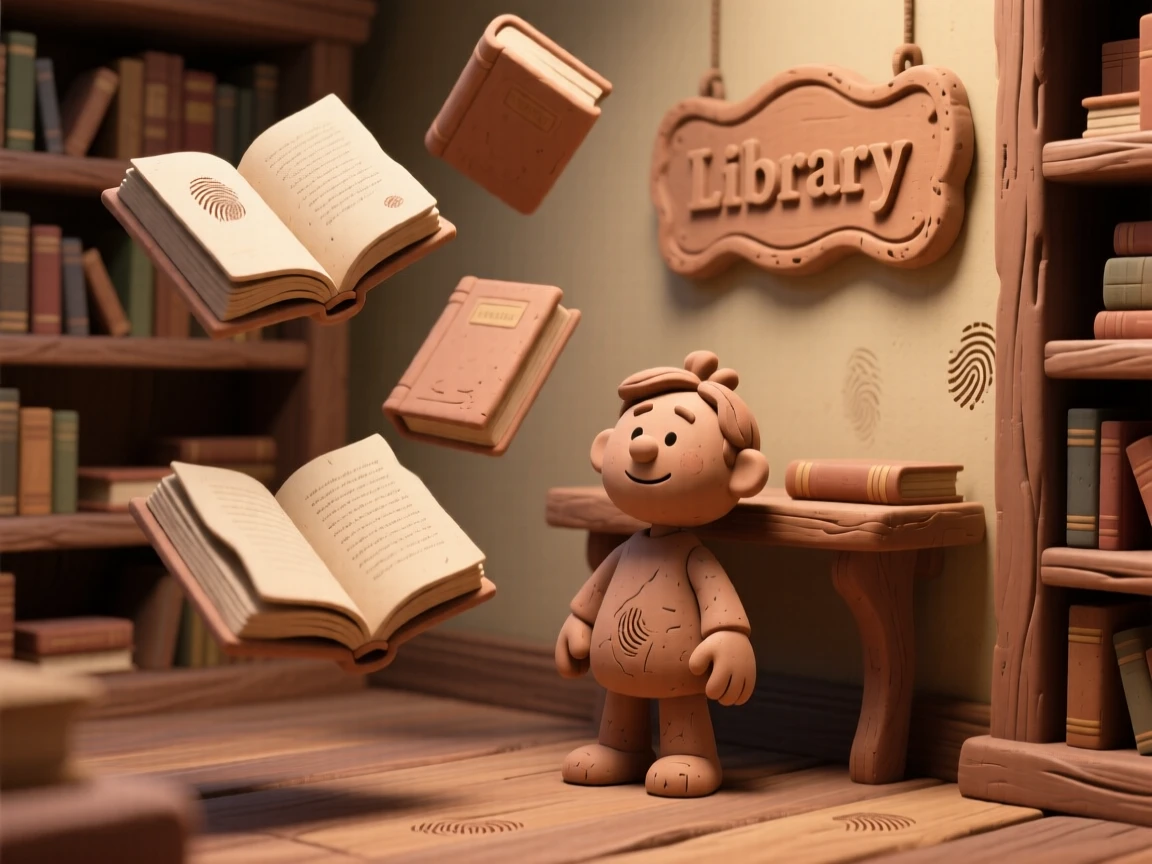 A library where books float open, pages turning themselves in midair