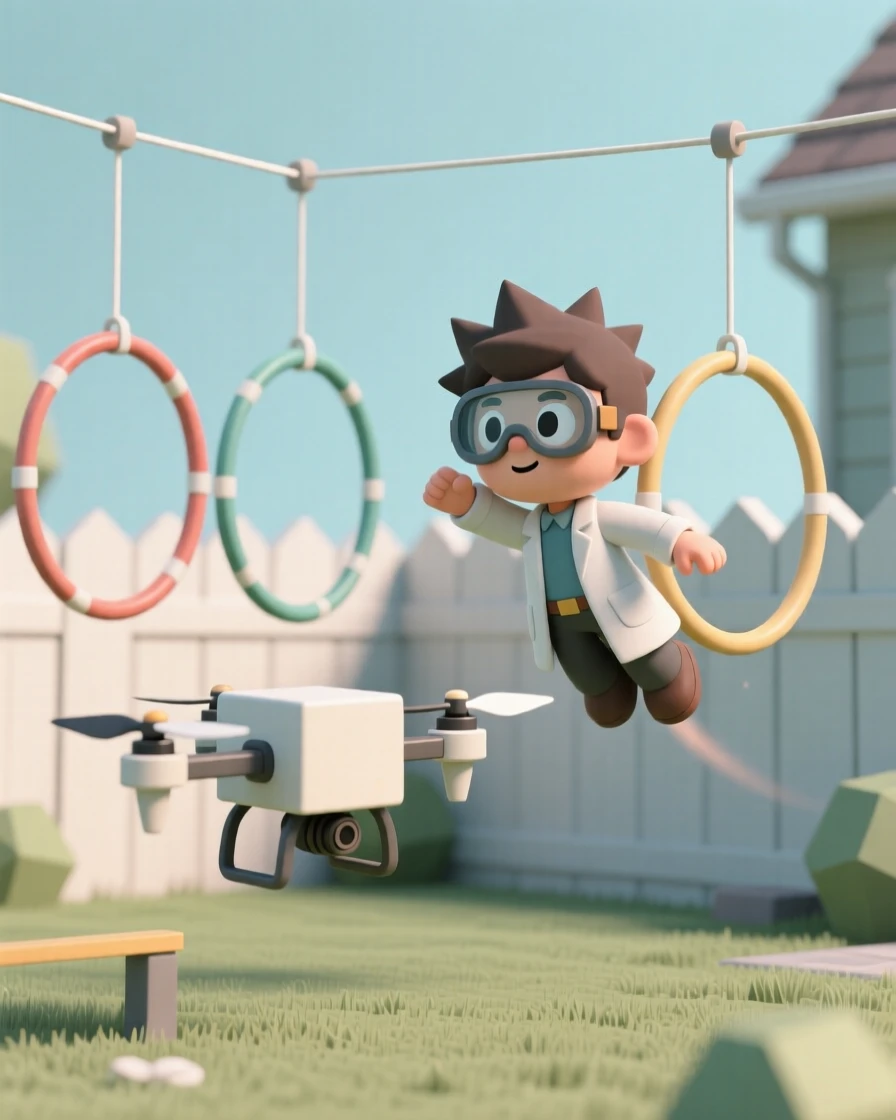 A determined young inventor flies a homemade drone through an obstacle course of hanging hula hoops in the backyard.