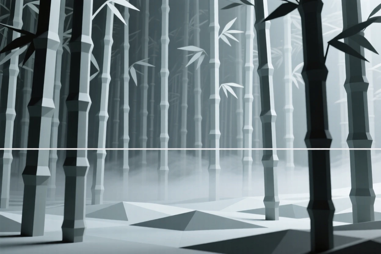 A dense bamboo forest with soft filtered light, with mist rolling gently across the ground. the horizon line anchors a balanced composition. The atmosphere is dramatic and powerful.