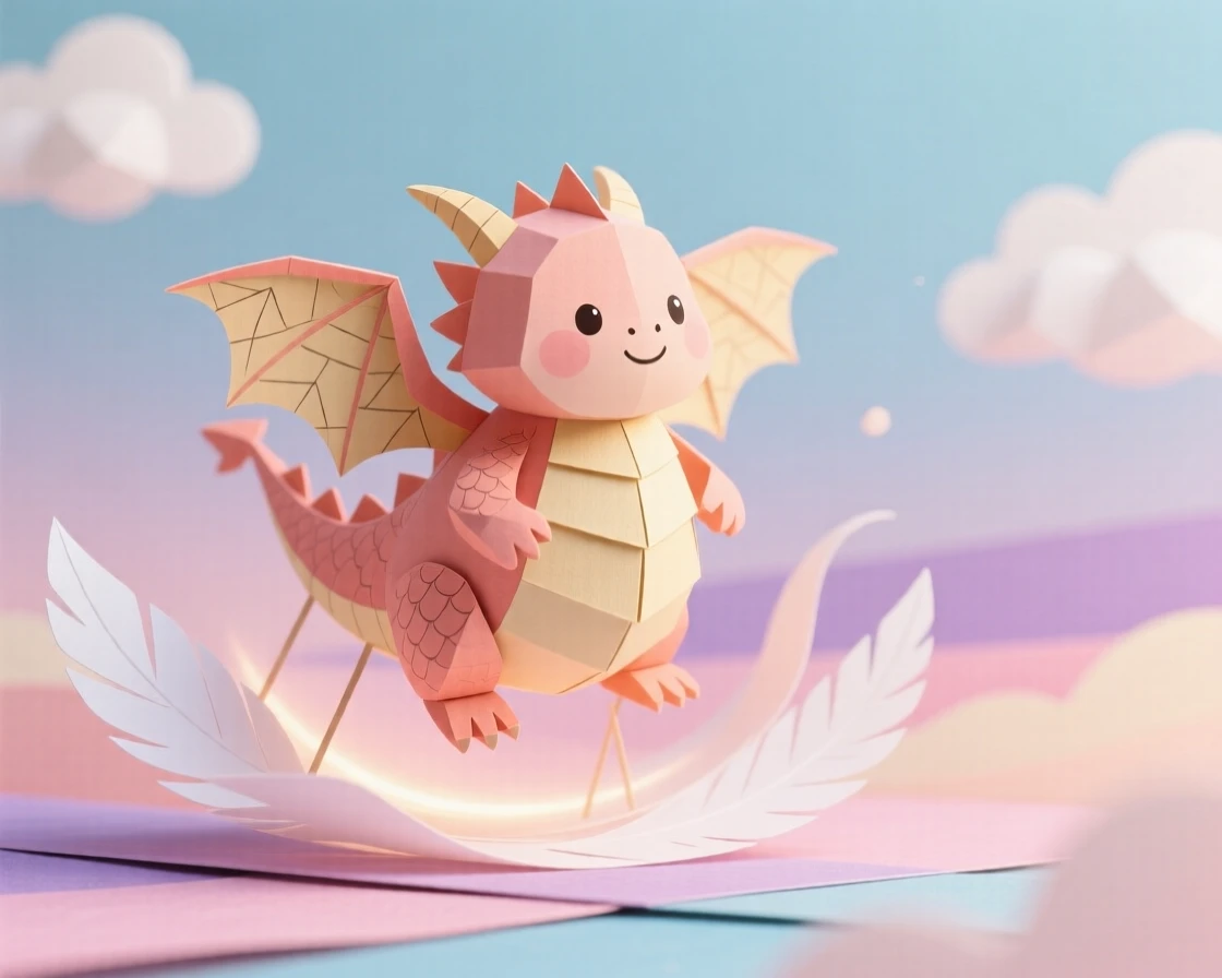 A chubby baby dragon floating lazily across a pastel sky, with a soft warm glow surrounding it, conveying playful, heartwarming delight.