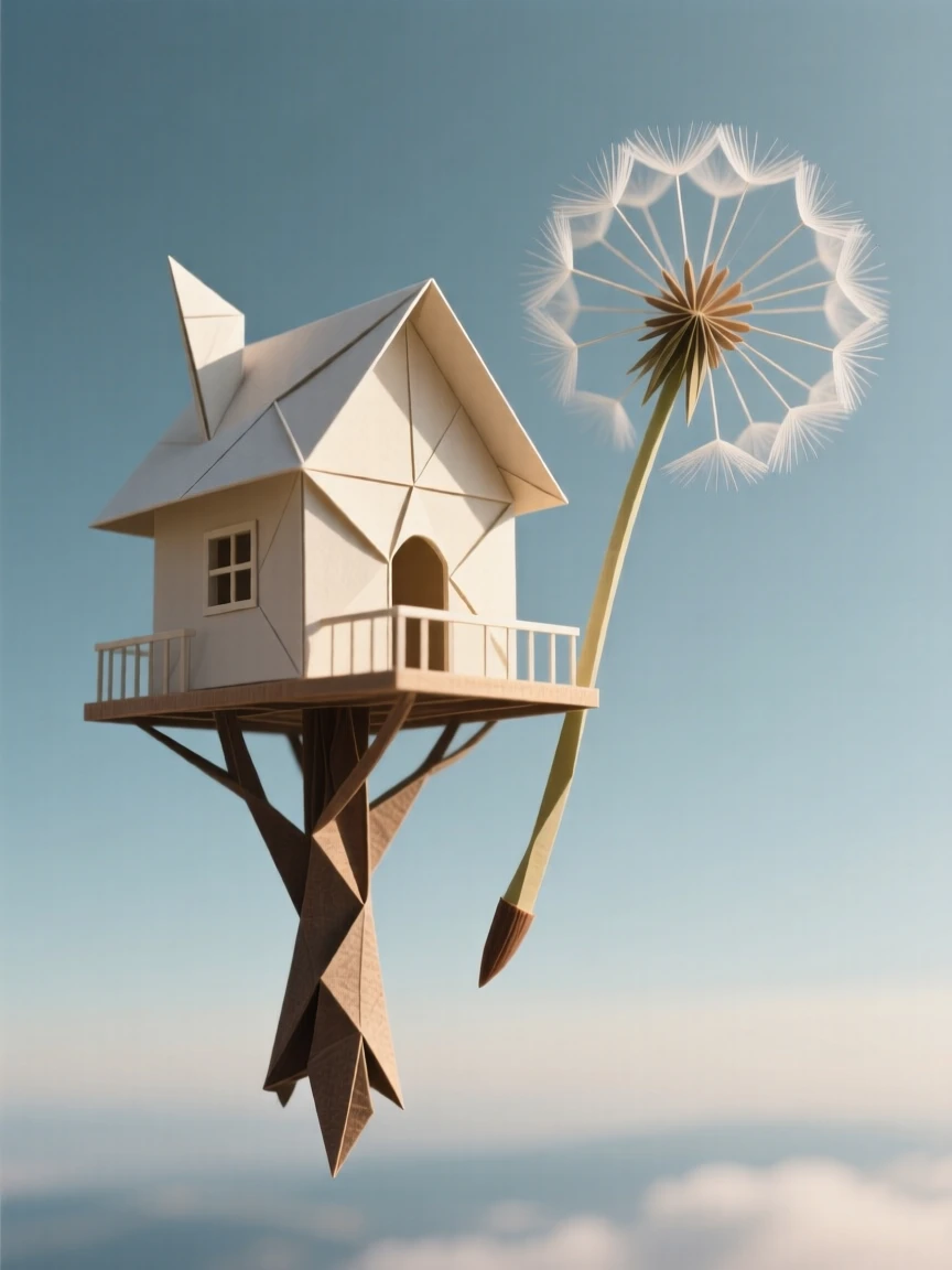 A treehouse built inside a single floating dandelion seed drifting through the sky.