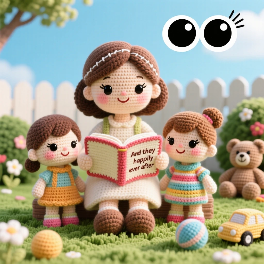 A heartwarming family moment: a mother reading a bedtime story to two small children gathered close on either side, turning the final page of a favorite tale within a sunny backyard set up for togetherness; a scattering of toys tidied nearby nearby, full of deep, unconditional love and togetherness.