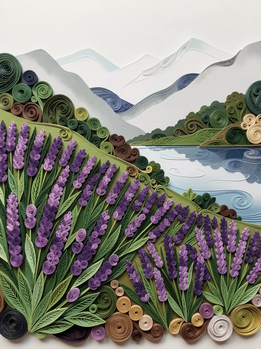 A serene botanical study of a hillside covered in blooming lavender rows along the edge of a misty mountain lake, with delicate veining visible on each leaf, layered from foreground to background for depth.