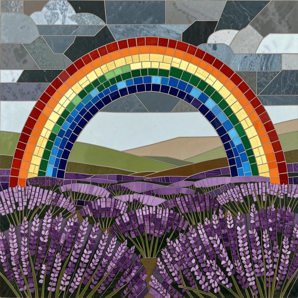 A highland moor covered in purple heather beneath a moody sky, illuminated by a dramatic double rainbow after rain.