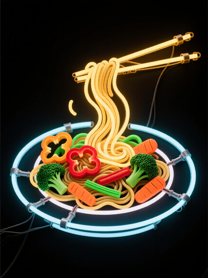 A sizzling plate of stir-fried vegetables and noodles.