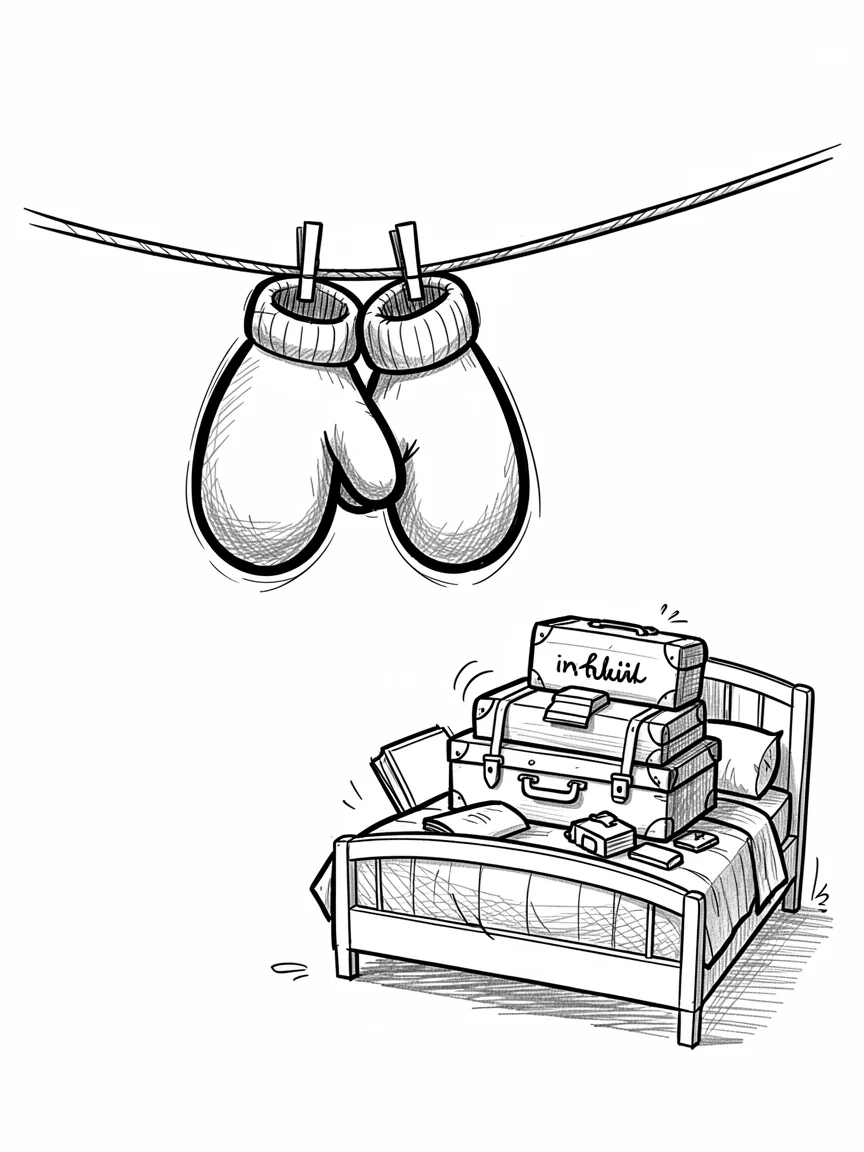 A pair of mittens warming each other on a clothesline beside a suitcase-packed bed.