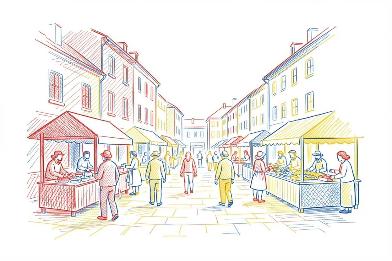 A bustling farmers market filling a historic town square