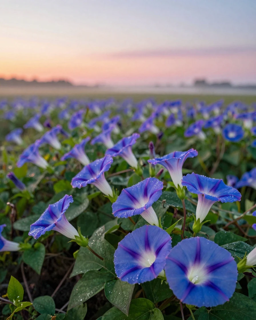 A field of morning glories opening at first light