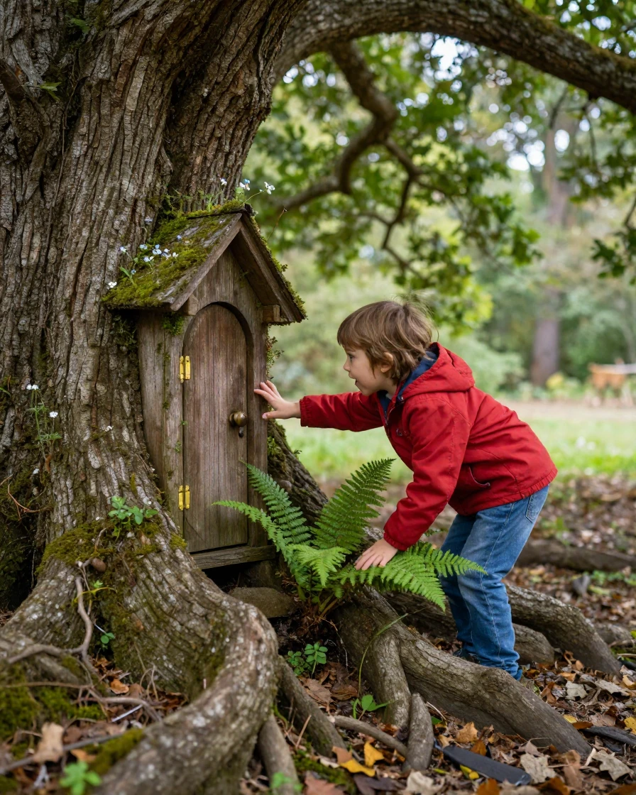 A child discovers a hidden fairy door built into the roots of an old oak tree.