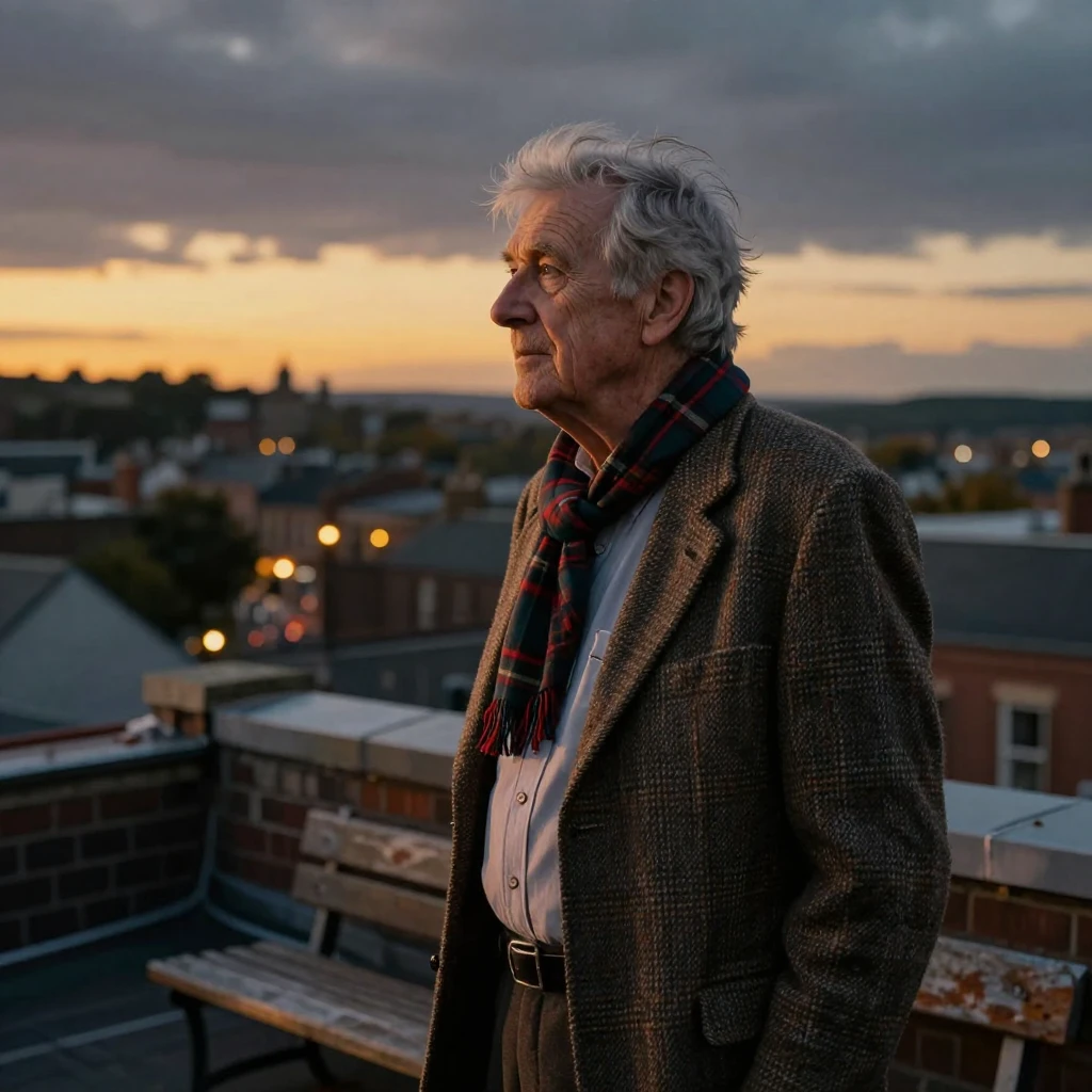 An elderly Scottish teacher gazing thoughtfully at the horizon on a rooftop overlooking a sleeping city