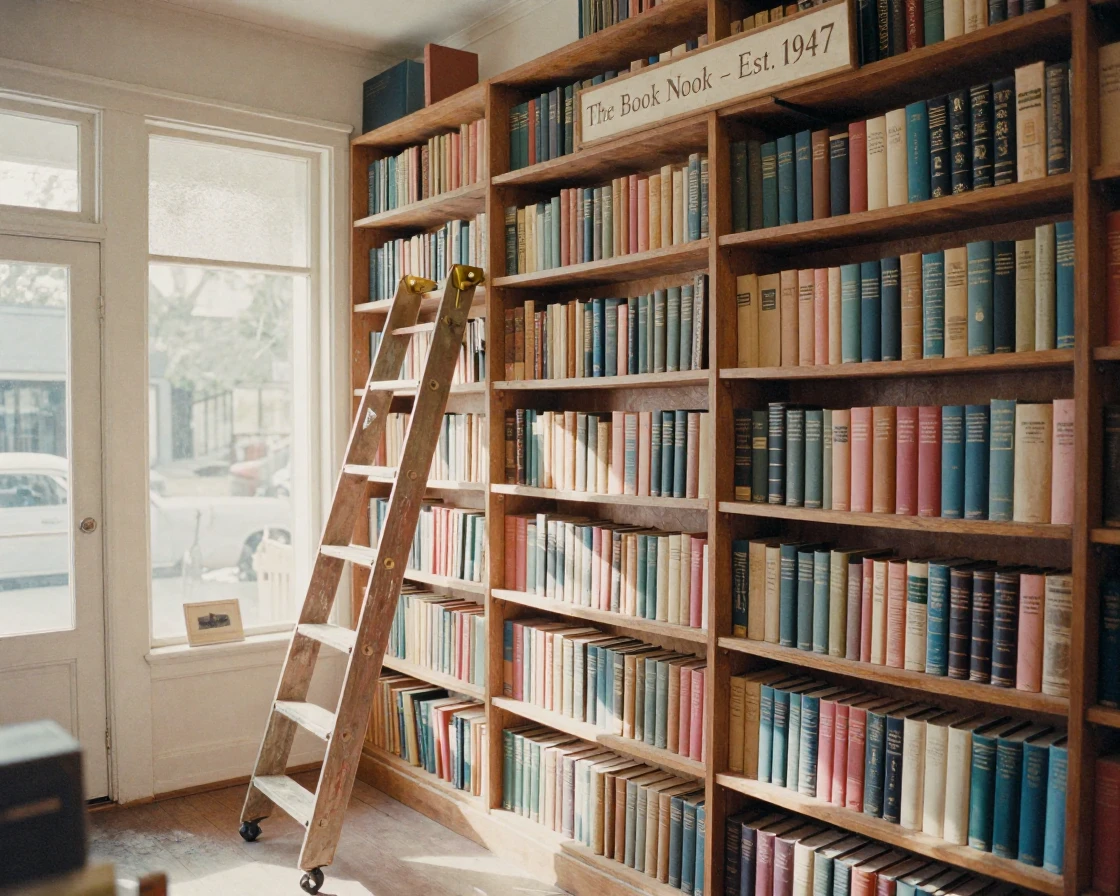 A vintage bookstore with towering shelves and a rolling ladder, in warm morning light, with frost coating every surface, in the height of summer, in soft muted pastels, from a slightly elevated vantage point.