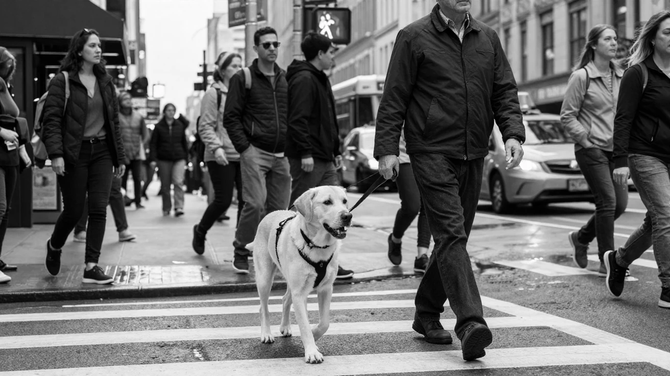 A guide dog guides its owner across a busy street at a crowded downtown crosswalk.
