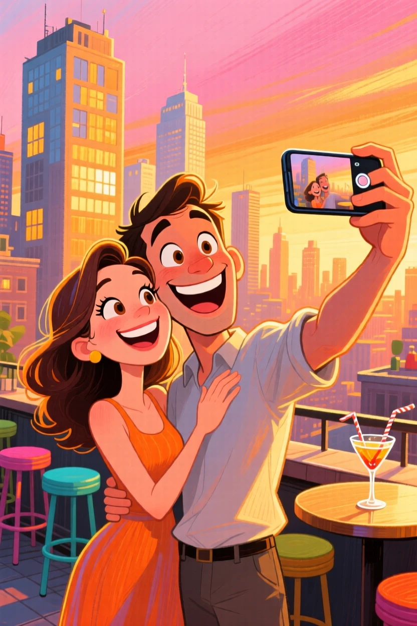 A couple taking a golden-hour photo on a rooftop bar overlooking the skyline.