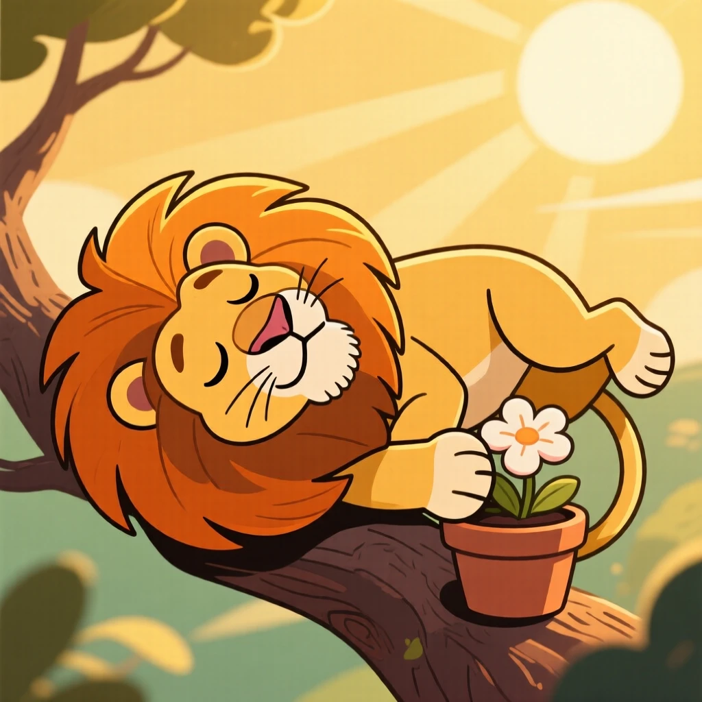 A charming animal moment featuring a proud lion napping in the most improbable position imaginable, under a warm golden afternoon sun.