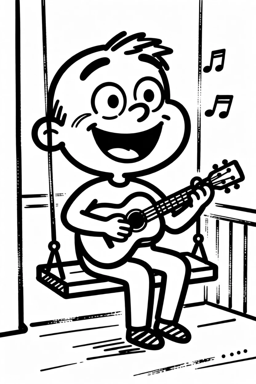 A ukulele player serenading someone with a cheerful tune on a porch swing.