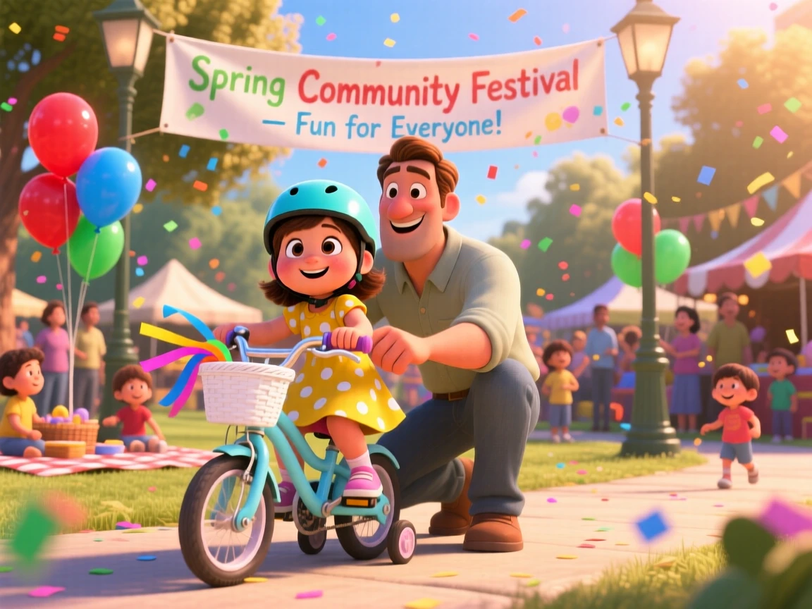 A father teaching his daughter to ride a bike unfolds at a lively community celebration, with confetti drifting through the air. The mood is triumphant, warm, and full of love.