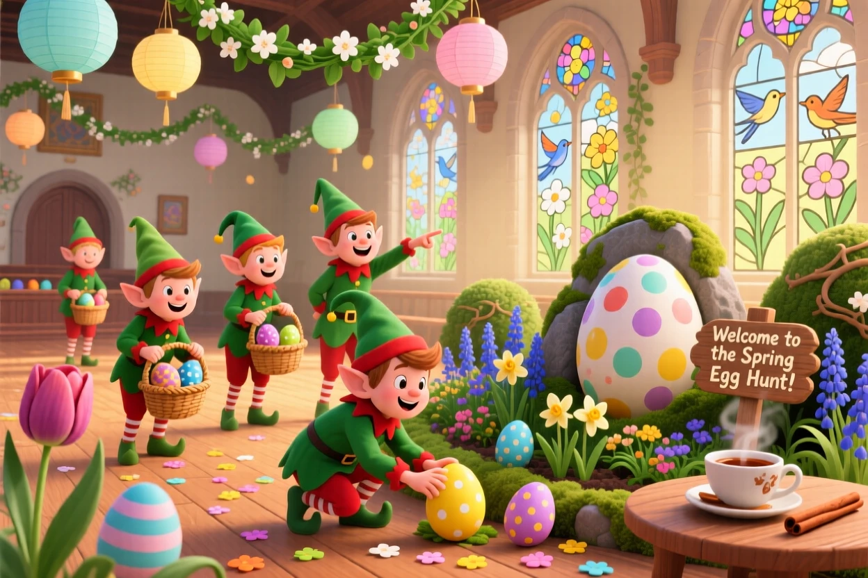 In a decorated town hall, a group of cheerful elves celebrate together by hunting for hidden eggs in a spring garden, as the scent of cinnamon fills the air.
