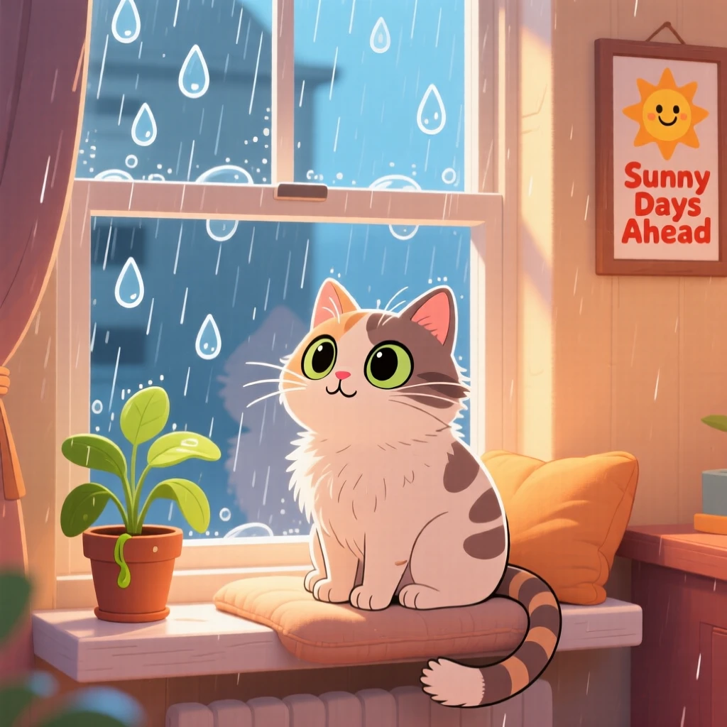 A cat watching the rain from a cozy windowsill perch.