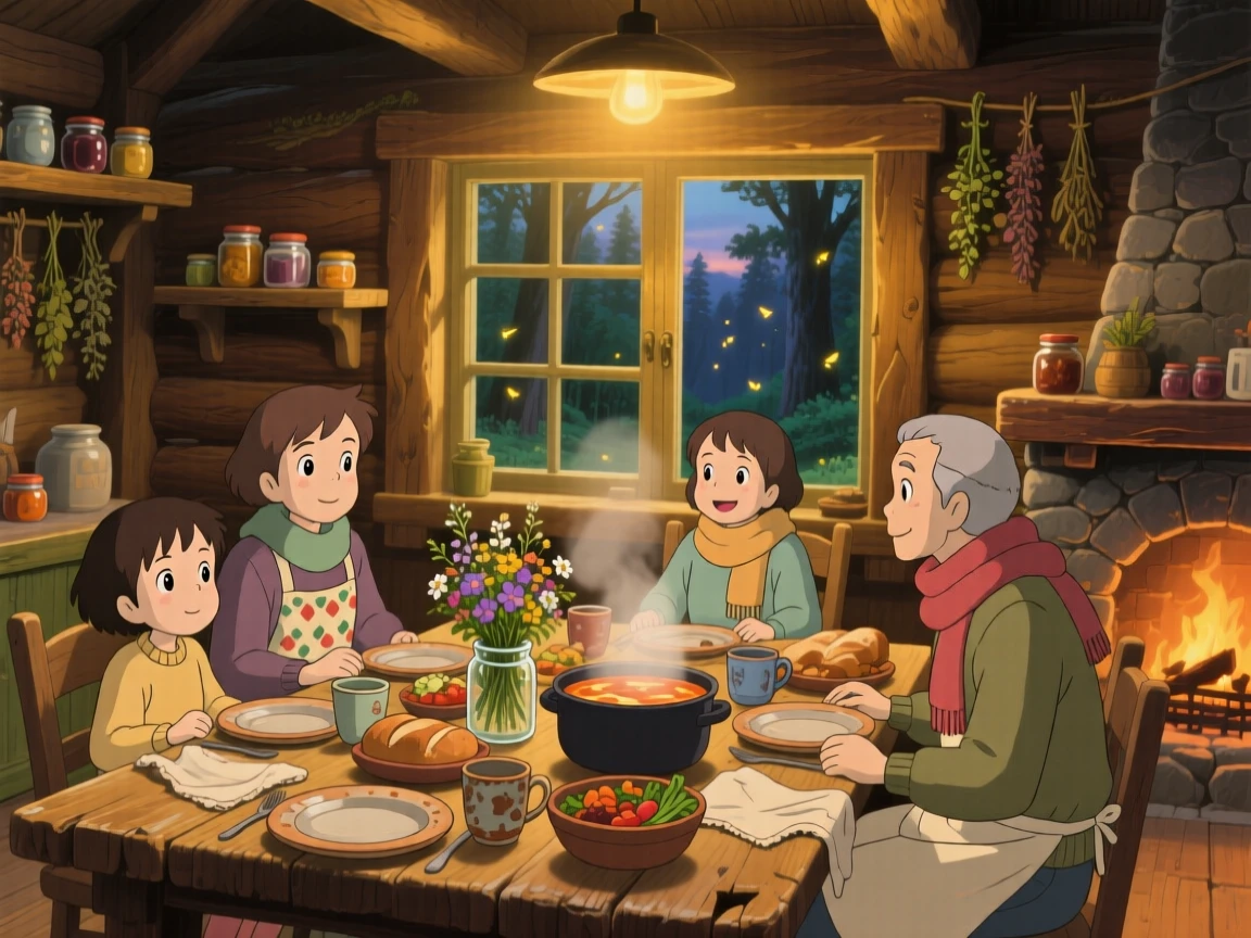 A warm, inviting scene of a rustic dinner table set for a family gathering, with warm golden light filling the room.