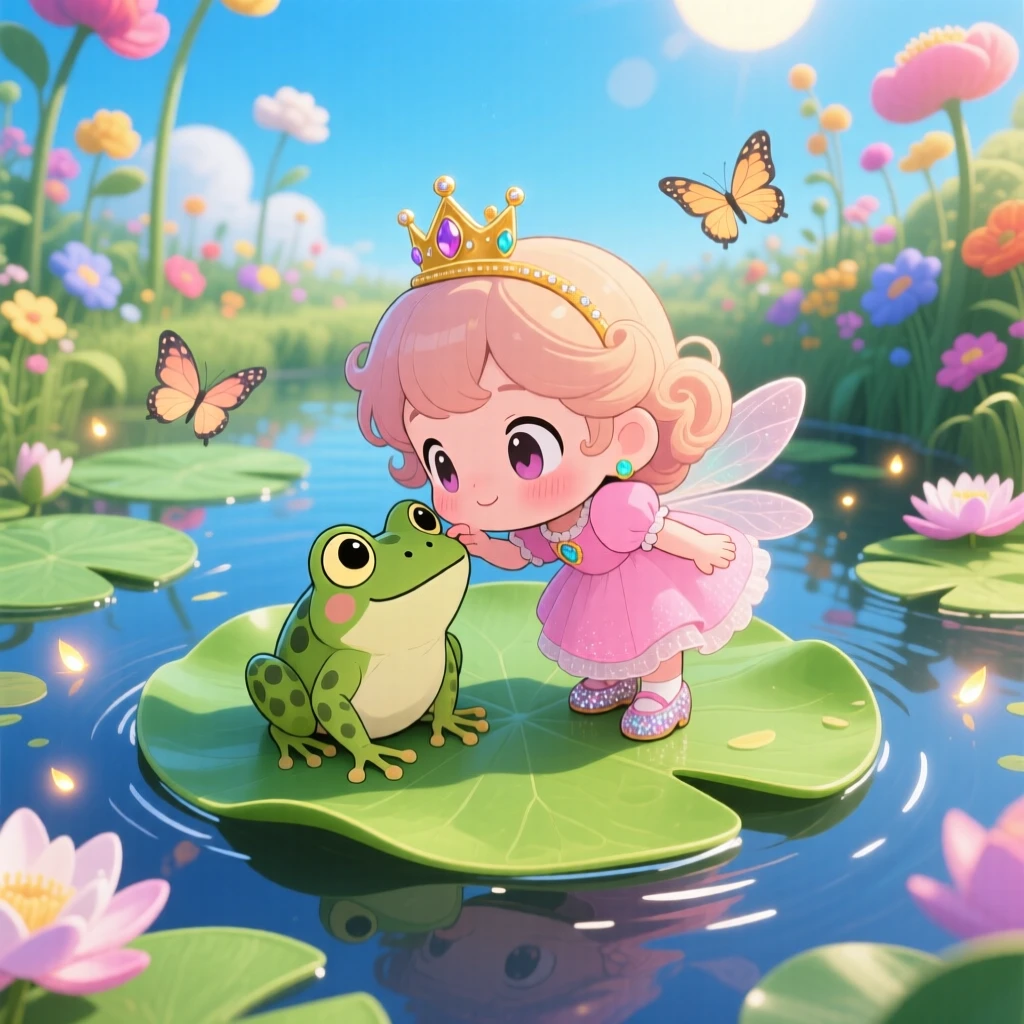 A small princess kissing a friendly frog on a lily pad in a fairy-tale garden pond under a clear summer sky; bright midday sun washes over the scene as shy bashfulness fills the moment. Bird's-eye view.